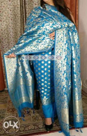 Blue And Gold-colored Floral Sari Dress