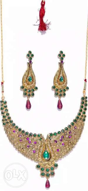 Gold-colored Beaded Bib Necklace And Earrings