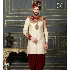 Men's Beige And Red Floral Traditional Suit