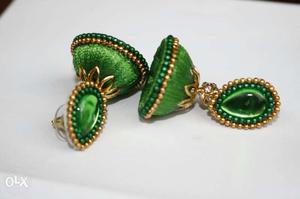 Pair Of Green Silk-thread Jhumkas