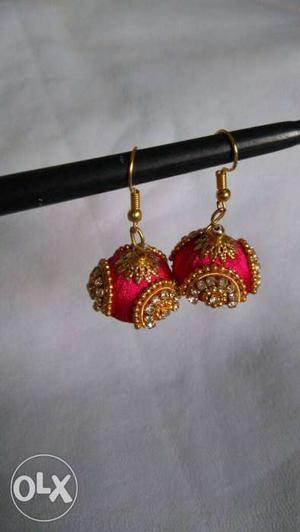 Pair Of Red Silk Thread Hook Earrings