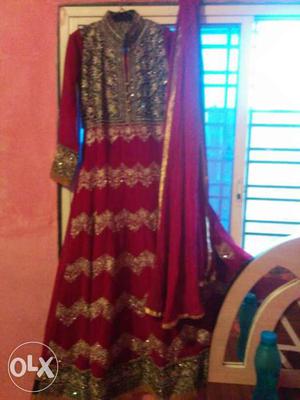 Red And Gray Sari Traditional Dress