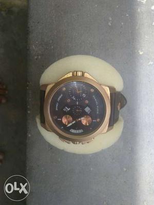 Round Gold Frame Black Chronograph Watch With Black Strap