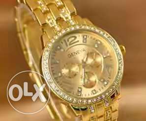 Round Gold Geneva Chronograph Watch With Link Bracelet