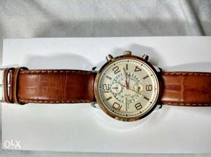Round White Chronograph Watch With Brown Leather Band