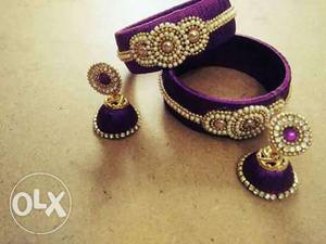 Two Purple Silk Tread Bangle And Pair Of Jhumka Earrings