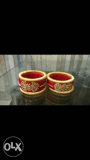 Two Yellow-and-red Silk-thread Beaded Bangles