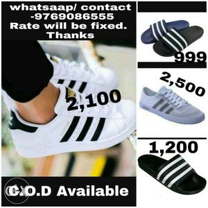 White Adidas Superstar; White-and-black Slide Sandals
