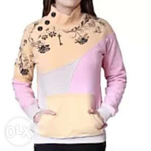 Women's Beige, White, And Pink Floral Sweatshirt