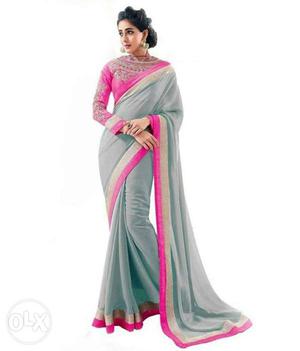 Women's Pink, Gray, And Brown Sari