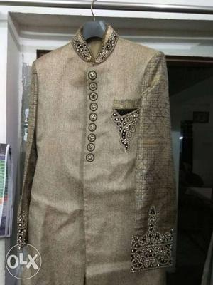 Beige And Black Sherwani Traditional Suit