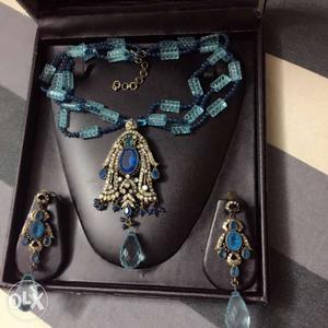 Blue And Gold Beaded Hamsa Pendant Necklace With Pair Of