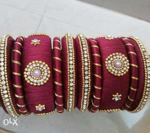 Maroon-and-gold-colored Satin Thread Bangle