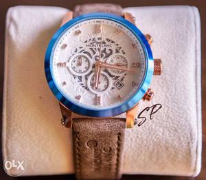 Mont Blanc round blue Frame Chrono Watch With Brown Leather