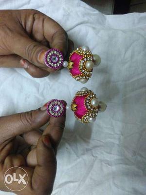 Pink-gold-colored-white Pearl Jhumka Earrings