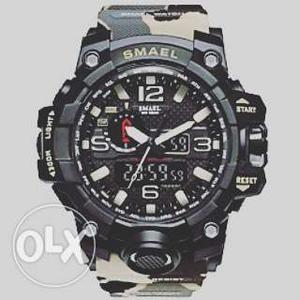 Round Black Smael Digital Watch With Camouflage Strap