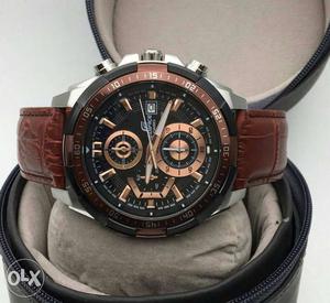 Round Copper-colored Edifice Chronograph Watch With Brown
