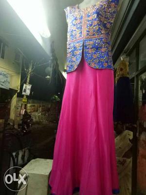 Women's Blue And Brown Top And Pink Dress
