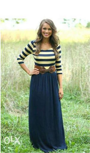 Women's Blue And White Striped Long Sleeve Dress