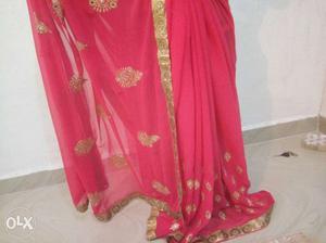 Women's Pink And Gold Floral Sari