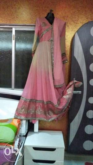 Women's Pink And White Long-sleeved Sari Dress
