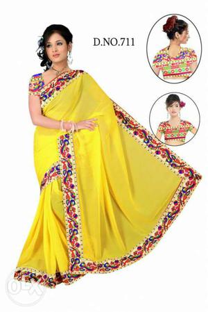 Women's Yellow White And Orange Sari