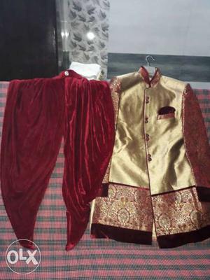 Beige And Red Sherwani Traditional Clothing (Indo western)