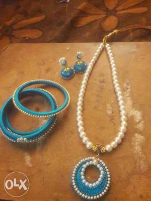 Blue Bangles And Necklace and jumkas all silk thead