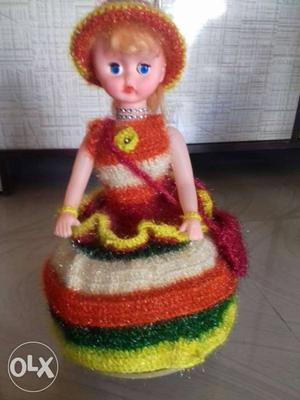 Girl Doll Wearing Multicolored Knitted Dress