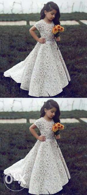 Girl's White Cap-sleeved Floral Dress