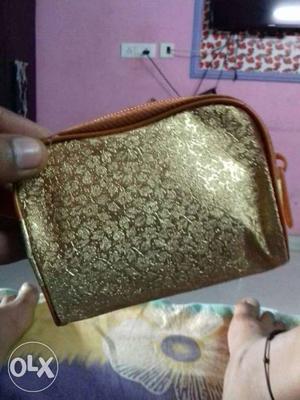 Gold Floral Leather Zip Pouch