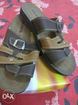Pair Of Brown-and-beige Leather Slide Sandals