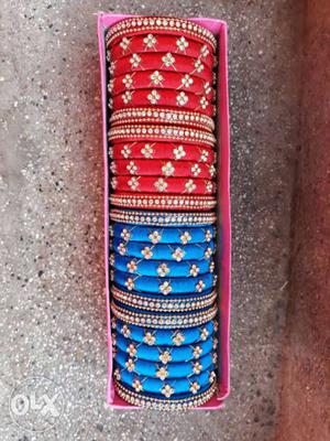 Red And Blue Silk Thread Bangle Lot With Box