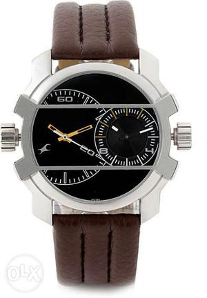 Silver And Black Round Face With Brown Leather Strap Watch