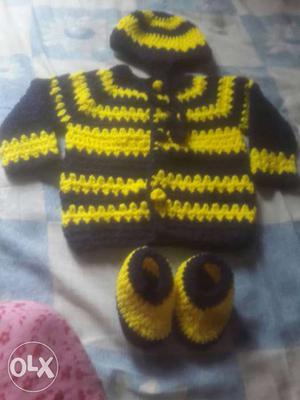 Toddler's Yellow-and-black Crochet Jacket, Bootees, And Hat