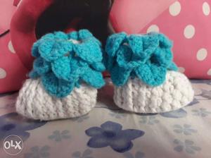 Two Blue-and-white Knitted Booties