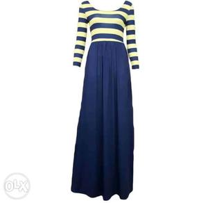 Women's Yellow And Blue Striped Scoop-neck Long-sleeved