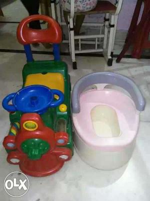 Baby's Green, Yellow And Red Ride-on Train Toy