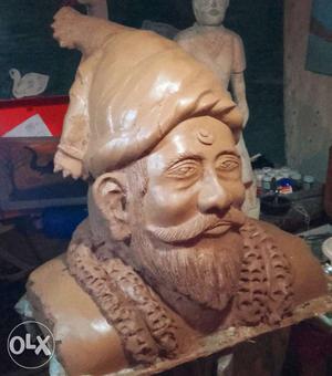 Beige Wooden Carved Chinese Bust