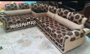 Black And Brown Polka Dots Fabric Sectional Sofa