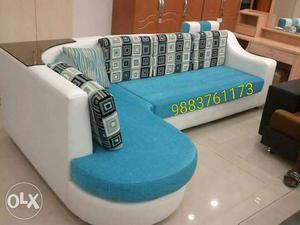 Blue And White Fabric Padded Sectional Sofa