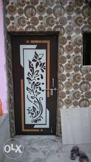 Brown And White Floral Print Wooden Door