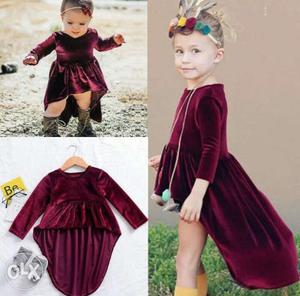 Girl's Red Suede Long-sleeve Dress