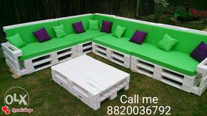 Green Fabric Corner Sofa With Coffee Table