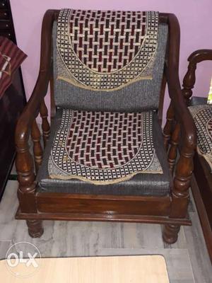 Grey Fabric Padded Brown Wooden Armchair