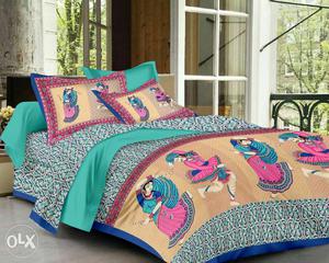 New Double Bed Sheet Sanganeri print Pure Cotton wd 2 Pillow