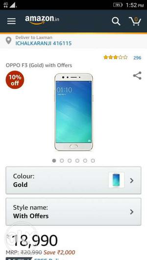 Oppo f3 pack pies gold color 4gb 64gb doul front