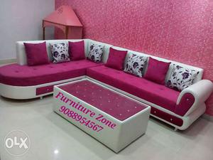 Pink And White Sectional Sofa With Ottoman
