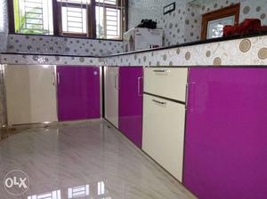 Purple And White Wooden Kitchen Cabinet
