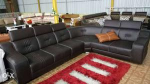Tufted Black Leather Corner Sofa